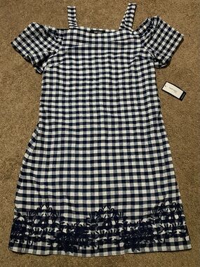 Nine West Navy and White Gingham Cold-Shoulder Dress with Embroidered Hem